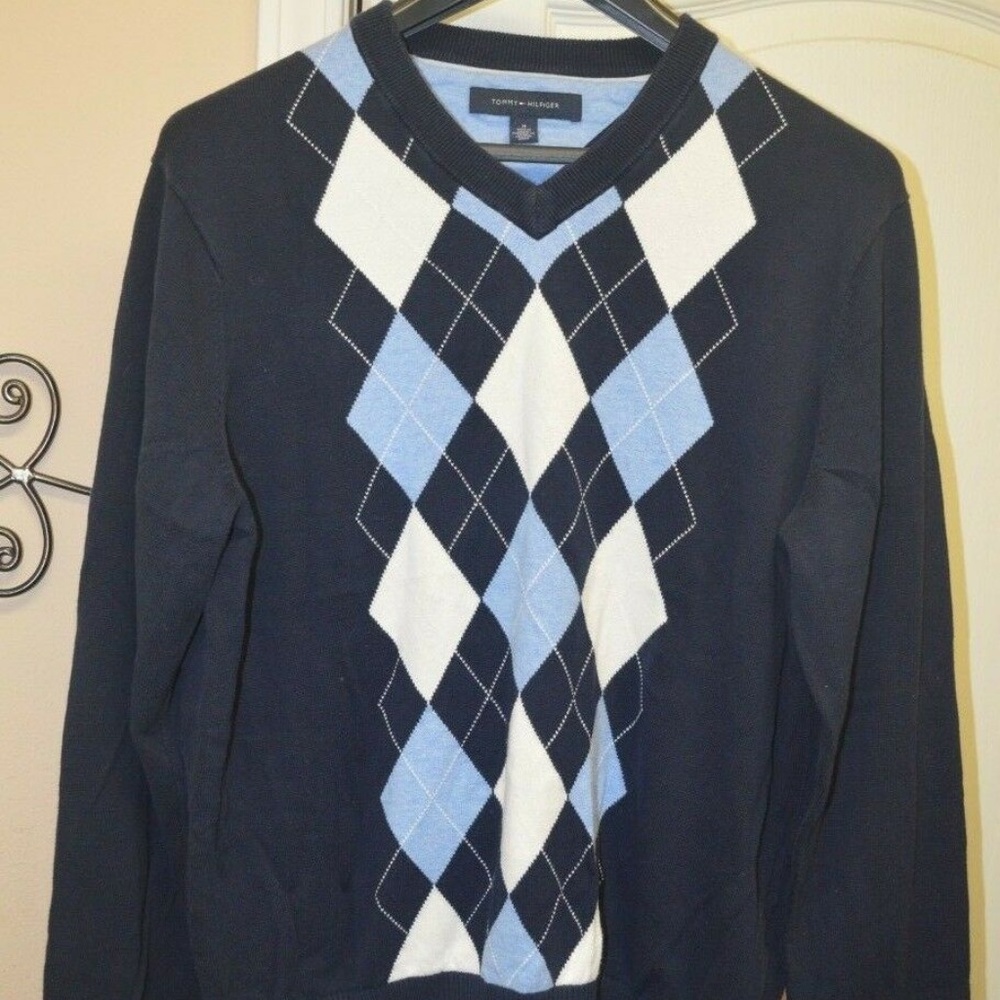 Tommy Hilfiger Vneck Sweater Argyle Blue/White